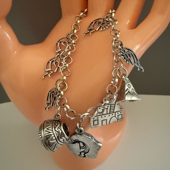 Southwestern Charm Bracelet 925 Sterling Silver Kokopelli & Other Unusual Charms - Picture 2 of 4